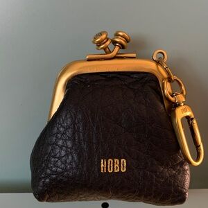HOBO Kisslock Frame Pouch Black Leather Coin Purse W/ Swivel Clip Gold Hardware